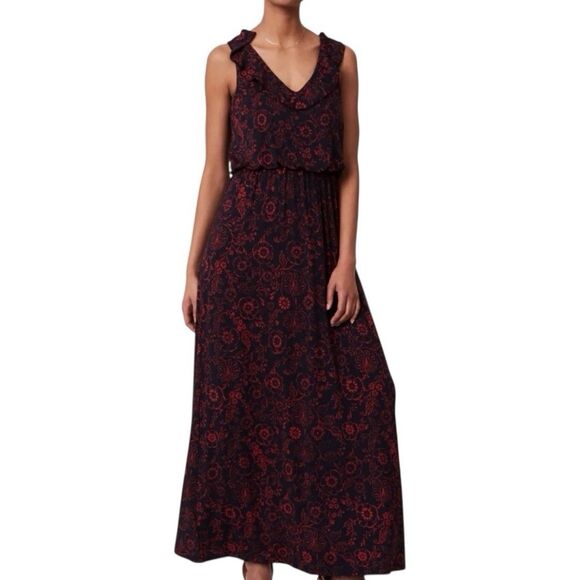 Ann Taylor Loft Ruffle Neck Dress Sz MP Navy Red Floral Tie Back Slit V-Neck - Picture 1 of 9